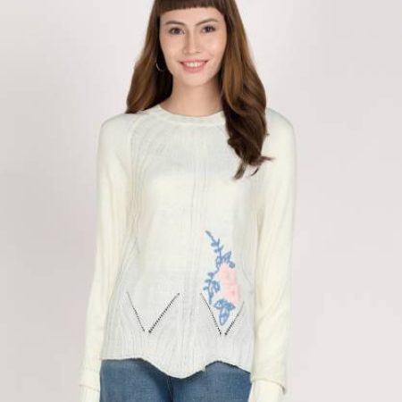 AND Embroidered Round Neck Casual Women White Sweater