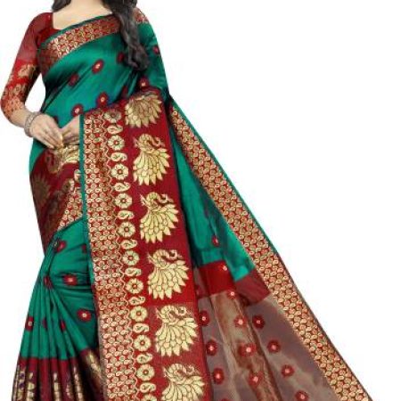 RadadiyaTRD Self Design, Woven, Floral Print Banarasi Cotton Blend Saree